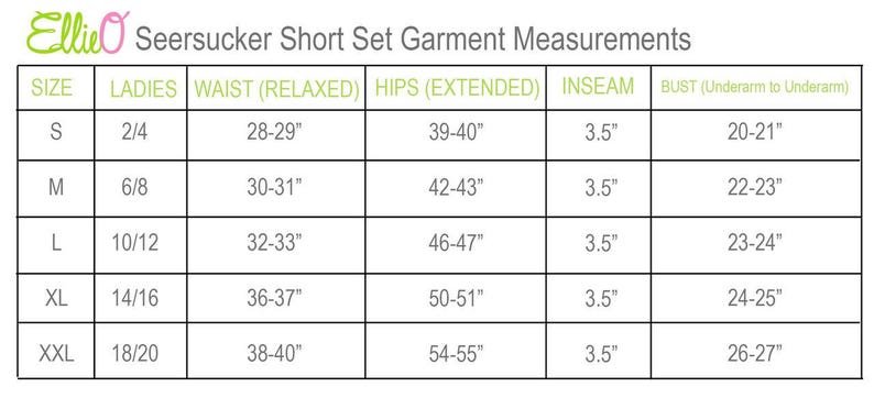 Puede incluir: Una tabla de tallas para un conjunto de pantalones cortos de seersucker. La tabla enumera las tallas de la S a la XXL, con las tallas de mujer correspondientes, las medidas de la cintura en pulgadas, las medidas de la cadera en pulgadas, las medidas de la entrepierna en pulgadas y las medidas del busto en pulgadas.