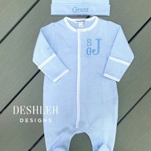 Baby Boy Coming Home Outfit, Blue Stripe footie, Blue stripe sleeper, Blue stripe footie, Blue stripe footie, personalized baby boy sleeper