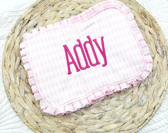 Pink Ruffle Cosmetic Bag, girls grad gifts, Pink Gingham Everything Bag, Pink Pouch, Monogram Ruffle bag, pink ruffle bag, new mom gift