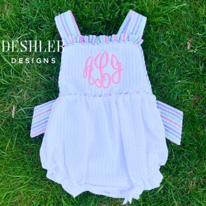 Seersucker Romper, seersucker bubble, ruffle romper, ruffle bubble, monogram seersucker romper, monogram seersucker bubble, bow back bubble