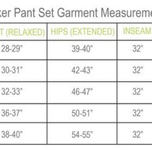 May include: A white chart titled "Seersucker Pant Set Garment Measurements" with size, waist, hips, inseam, and bust measurements in inches. Sizes range from S to XXL, with corresponding measurements for each size.