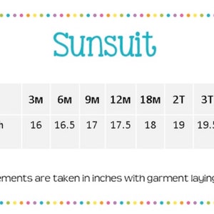 May include: Size chart for a baby onesie, or sunsuit, in sizes 3 months to 3T. The chart shows the length in inches of the onesie for each size.