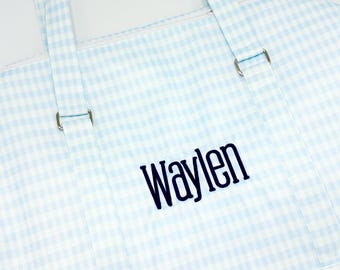 Light Blue Gingham Duffle Bag, Baby Boy Duffel Bag, Boys Monogram Overnight Bag, Baby boy luggage bag, Boys Monogram Duffle, monogram duffel