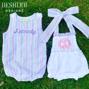 Seersucker Romper, seersucker bubble, ruffle romper, ruffle bubble, monogram seersucker romper, monogram seersucker bubble, bow back bubble image 7