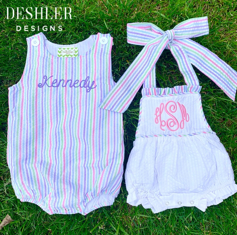 Seersucker Romper, seersucker bubble, ruffle romper, ruffle bubble, monogram seersucker romper, monogram seersucker bubble, bow back bubble image 7