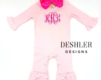 Light Pink Monogram ruffle romper, baby girl coming home outfit, baby girl romper, monogram ruffle romper, pink monogrammed romper