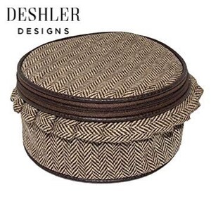 May include: Round brown and beige tweed fabric travel case with a zipper closure.