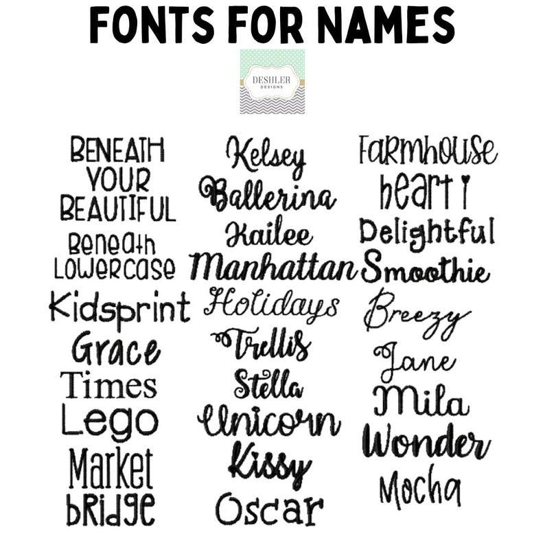 Op de afbeelding: Een zwart-wit afbeelding met verschillende lettertypen voor namen. De tekst "FONTS FOR NAMES" staat bovenaan. Voorbeelden van lettertypen zijn "Kelsey", "Ballerina" en "Farmhouse", die een reeks ontwerpopties bieden.