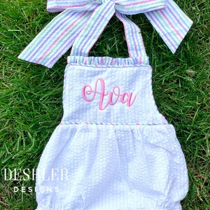 Seersucker Romper, seersucker bubble, ruffle romper, ruffle bubble, monogram seersucker romper, monogram seersucker bubble, bow back bubble image 4