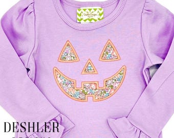 Girls Embroidered Jackolantern Shirt, Girls Monogram Pumpkin Shirt, Liberty Halloween shirt, liberty monogram pumpkin face shirt