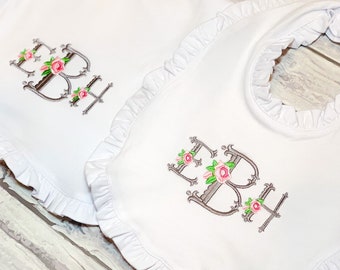Flower Monogram, monogram with flowers, baby gift set, baby girl gift idea, baby girl gift set, floral monogram, monogram bib and burp cloth