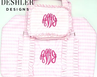 Pink Gingham Duffle Bag, Baby Girl Duffel Bag, Girls Monogram Overnight Bag, Baby girl luggage bag, girls Monogram Duffle, monogram duffel