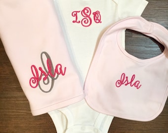 Monogrammed Baby gift set, monogram baby gift set, 3 item baby gift set, personalized baby gift set, monogram baby gift, layette gift, baby