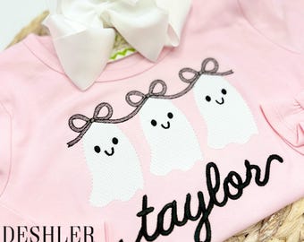 Girls Embroidered Halloween Shirt, toddler girl Halloween shirt, Pink Halloween Shirt, ghosts with bows shirt, Pink Ghost Shirt, monogram