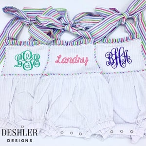 Seersucker Romper, seersucker bubble, ruffle romper, ruffle bubble, monogram seersucker romper, monogram seersucker bubble, bow back bubble image 2