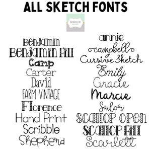 May include: A graphic featuring various sketch fonts, including "Benjamin," "Cursive Sketch," and "Hand Print." The text "ALL SKETCH FONTS" is at the top. A small logo is in the upper center.