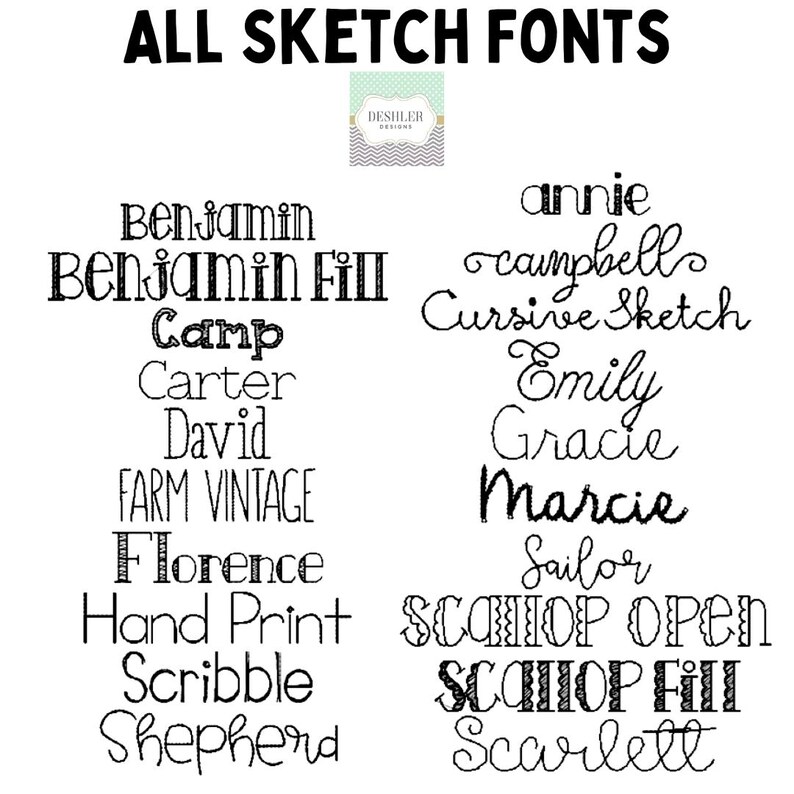 May include: A graphic featuring various sketch fonts, including "Benjamin," "Cursive Sketch," and "Hand Print." The text "ALL SKETCH FONTS" is at the top. A small logo is in the upper center.