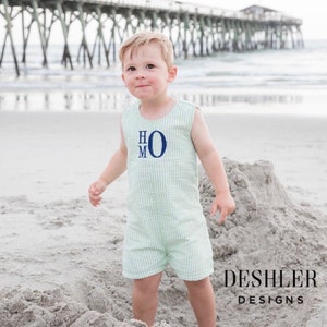 Seersucker Jon Jons, Monogram Jon Jons, Jon Jons, boys shortalls, Boys overalls, shortalls, boys jon jons, seersucker shortalls, boy outfit