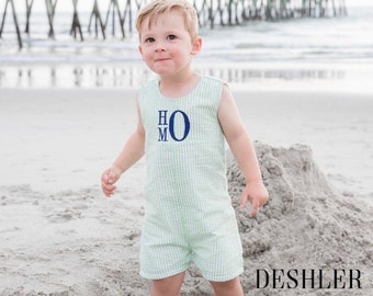 Seersucker Jon Jons, Monogram Jon Jons, Jon Jons, boys shortalls, Boys overalls, shortalls, boys jon jons, seersucker shortalls, boy outfit