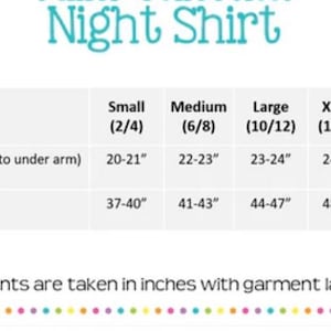 May include: A size chart for a night shirt, with bust and hip measurements in inches. Sizes range from Small (2/4) to XXLarge (18/20). The text "Night Shirt" is at the top of the image.