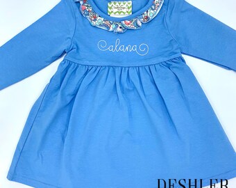 Girls monogram Dress, Smock Candy Dress, Monogram dress, monogrammed dress, liberty ruffle dress, cornflower blue dress, blue monogram dress