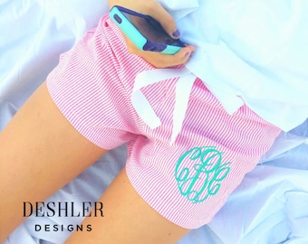 Seersucker Shorts, Monogram Seersucker Shorts, monogram boxer shorts, seersucker pjs, PJ shorts, monogram shorts, monogram lounge shorts