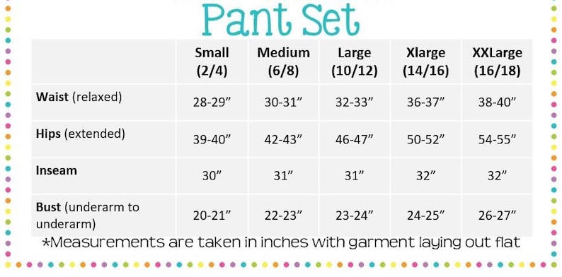 May include: A size chart for a pant set, with measurements in inches. The chart includes sizes Small (2/4) to XXLarge (16/18), detailing waist, hips, inseam, and bust measurements. The text "Pant Set" is at the top.