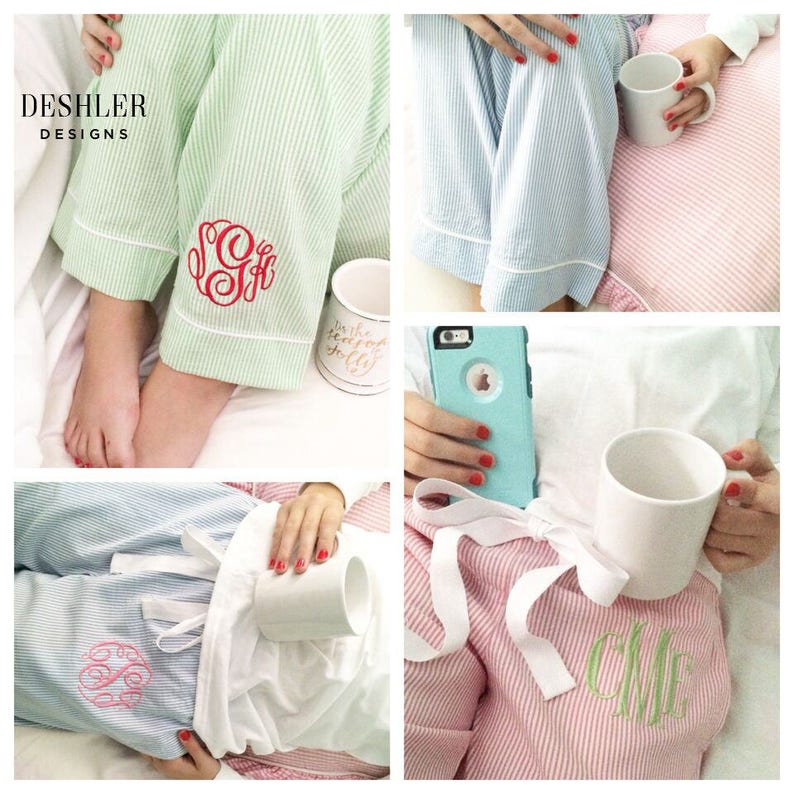 May include: Four images of personalized pajama pants in various colors: green, blue, and red stripes. Each pair features a monogram in a contrasting color. White piping and ties accent the pants. A white mug and a phone in a teal case are also visible.