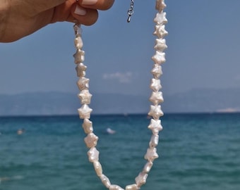 Barockpärlhalsband med choker | 37 cm sötvattenspärlor | Handgjorda bohemiska smycken | Kuststil | Sommarstrandpresent till henne | Havsinspirerad