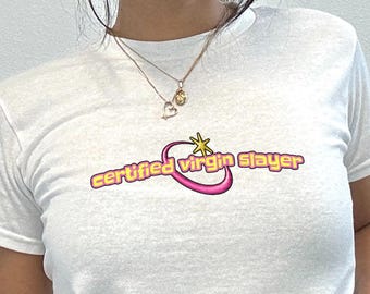 Certified Virgin Slayer Y2K Baby Tee | Funny 2000s Style Crop Top Rave Festival Shirt