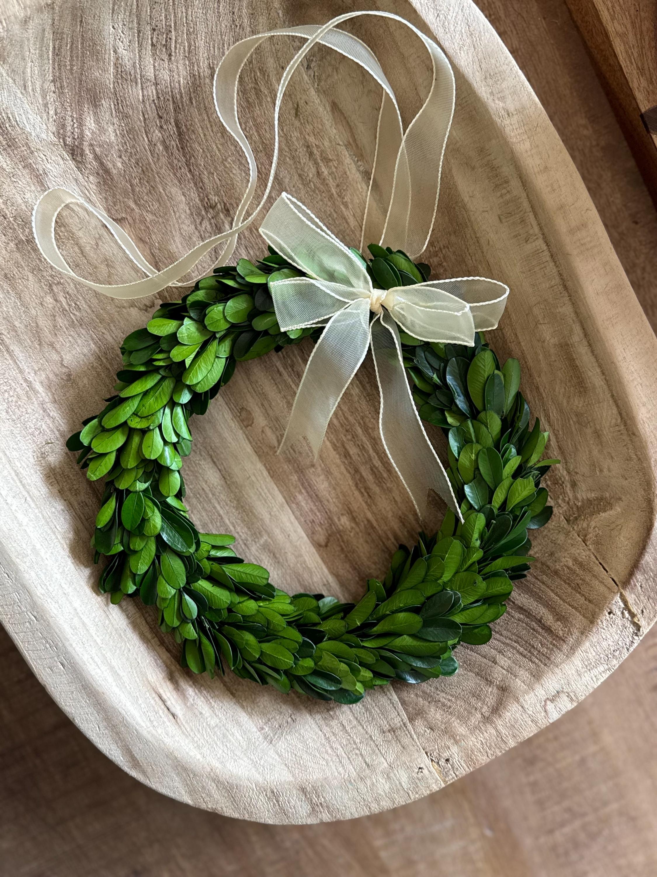 Mini Preserved Boxwood Wreath with Ribbon, 8 inch Small Indoor Wreath, Timeless Home Decor, Wreath for Gifting, Boxwood Wreaths Farmhouse
