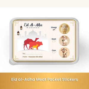 Klistermärken för köttpaket för Eid al-Adha Qurbani | Till/från-etiketter med ikoner för ko, get och får | Islamiska Eid Mubarak-köttetiketter för lådor