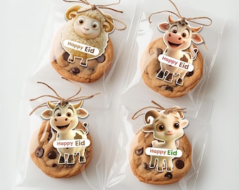Printable Eid ul Adha Tags & Stickers | Cute Goat, Sheep and Cow | Digital Download for Kids’ Treat Bags, Cookies and Chocolates (2.5" x 3")