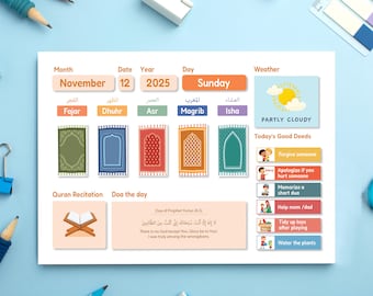 Islamic Kids Daily Routine Chart | Salah, Quran, Good Deeds, Duas & Weather Tags | Muslim kids Printable PDF | kids Salah tracker