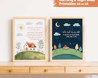 Morning & Night Islamic Doaa Printables for Kids | Arabic Duas Wall Art | Muslim Nursery Decor | A4 A3 Digital Download
