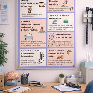 Op de afbeelding: Een poster met de titel "SLEEP HYGIENE" met zeven tips voor een gezonde slaaproutine. De tips omvatten het vermijden van stimulerende middelen, regelmatig bewegen en het handhaven van een comfortabele kamertemperatuur (16-18°C). Een bureau met medische apparatuur staat op de voorgrond.