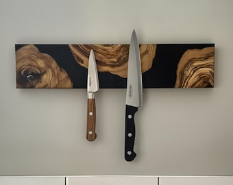 Portacuchillos magnético artesanal de madera de olivo y epoxi: lujoso organizador de cocina de pared, moderno y artesanal, regalo de Navidad.