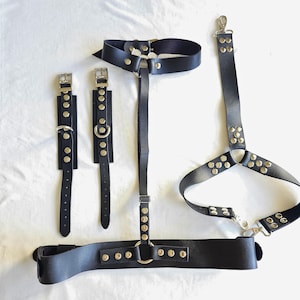 Full Black Faux Leather Bondage Restraint Set – Adjustable Choker, Waist Belt, Leg & Wrist Cuffs with Straps