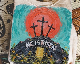 Christelijk Pasen He Is Risen Cross png, penseelstreek religieus bijbelvers T-shirtontwerp sublimatie