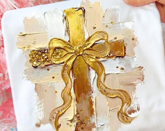 Gouden kruis coquette boog christelijk png-penseeltextuur sublimatie bijbelvers religieus png