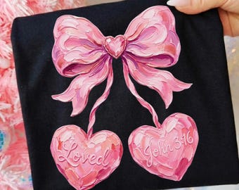Christian Valentine Coquette Bow Heart PNG, John 3:16 Loved Brushstroke Pink Design for Shirt Sublimation