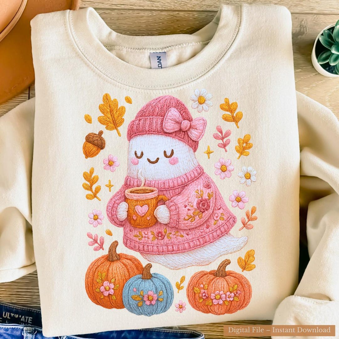 Halloween Ghost PNG Cute Cozy Fall Embroidery Style Clipart, Pastel ...