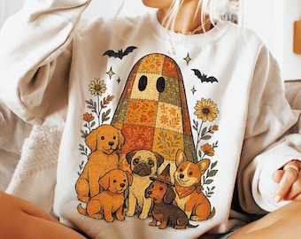 Retro Halloweenhonden PNG: Spook in patchworkstijl, Herfstbloemen (digitale download)