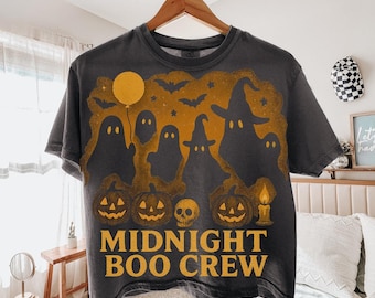 Midnight Boo Crew Halloween PNG, Retro Ghost PNG, Spooky Pumpkin Clipart, Vintage Halloween Shirt Design, Sublimation PNG