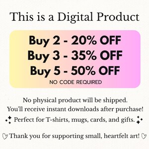 Puede incluir: Anuncio de producto digital con fondo degradado. El texto incluye "Buy 2 - 20% OFF", "Buy 3 - 35% OFF" y "Buy 5 - 50% OFF". El anuncio indica que no se env&iacute;a ning&uacute;n producto f&iacute;sico y ofrece descargas instant&aacute;neas para camisetas, tazas, tarjetas y regalos.
