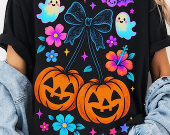 Retro Halloween Pumpkin PNG: Twin Ghosts, Floral Bow Clipart (Digital Download