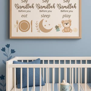 Islamisches Kinderzimmer Poster,Say Bismillah Eat Sleep Play,Horizontale muslimische Wandkunst für Kinder,Arabischer Druck,Babyzimmer Dekor,Kostenloser weltweiter Versand