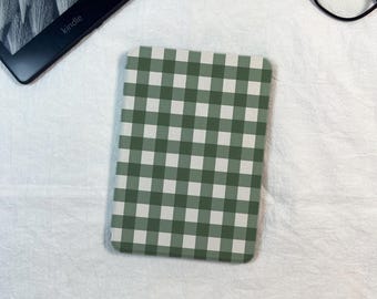 Simple Green Gingham Kindle Case with Hand Strap Kobo Cover Auto Sleep/Wake Personalized Sleeve Fits Kindle&Kobo All Models Gift For Her