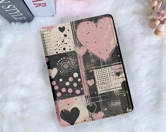Abstract Black And Pink Heart Polka Dots Kindle & Kobo Case Clear Back Cover With Strap 7" Kindle Paperwhite 12th Gen Case Gift For Her