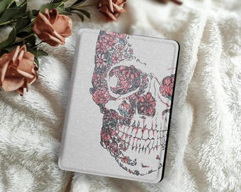 Floral Skull Kindle Magnetic Case With Strap Gothic Detachable Clear Kobo Case 7" Kobo Libra Case Stylish Kindle Colorsoft Case Gift For Her